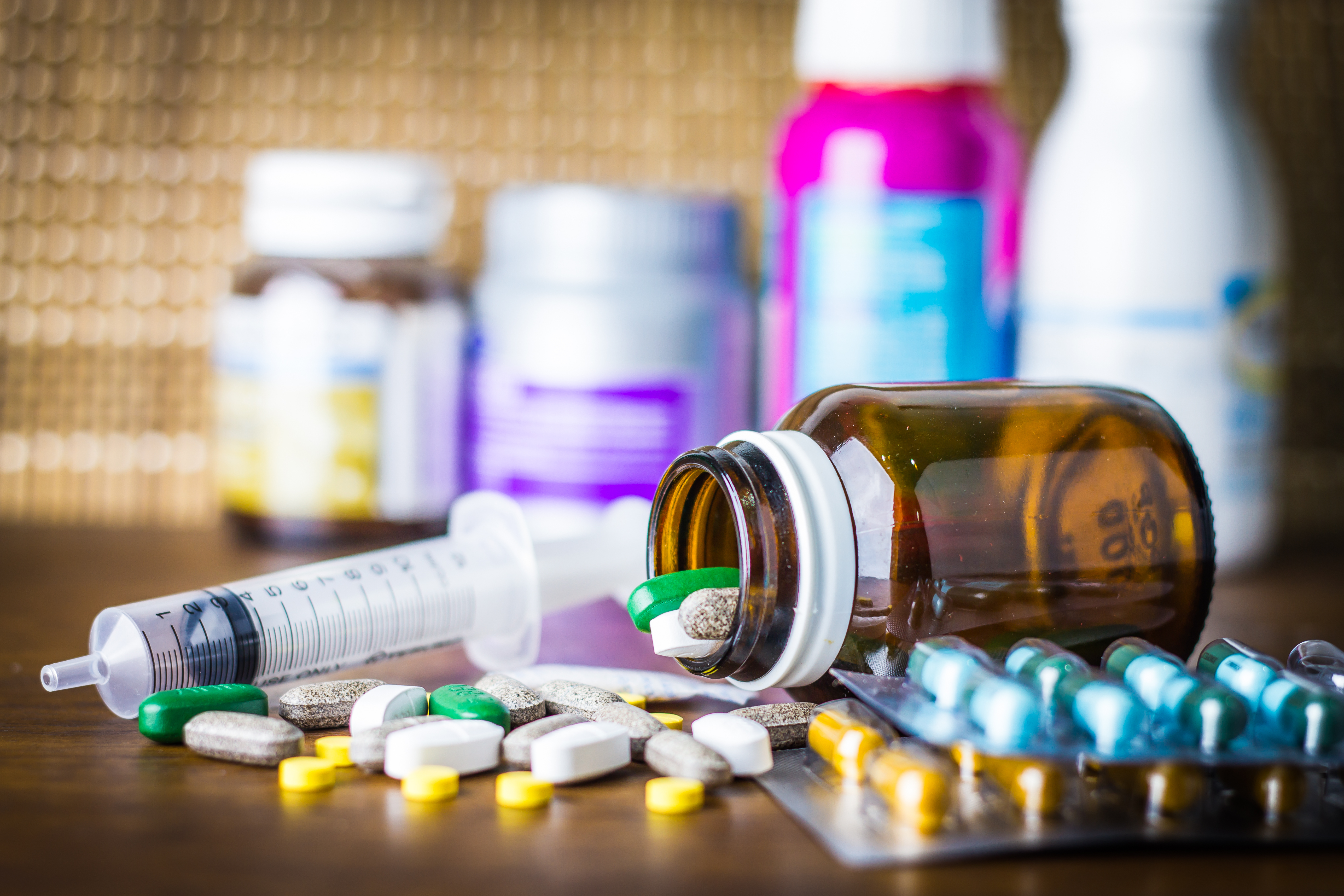 Various drugs laid out on a table